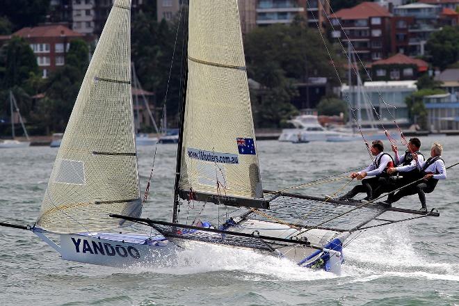 Race winner at full speed under main and jib &copy; Frank Quealey /Australian 18 Footers League http://www.18footers.com.au
